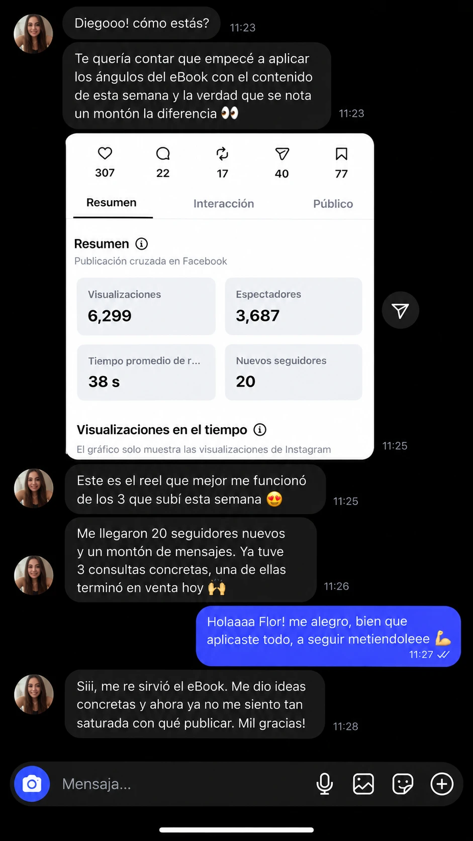 Captura de Instagram: Flor cuenta que tuvo 3 consultas y cerró una venta con un reel